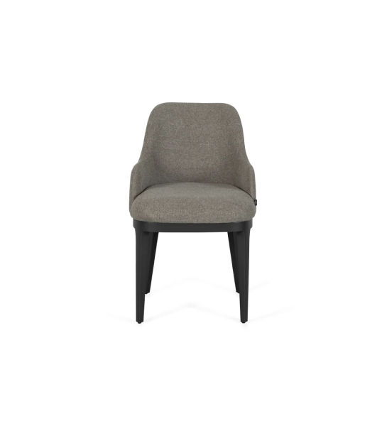Chaise avec accoudoirs rembourrée en tissu, avec pieds en bois laqué noir.