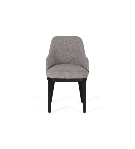Chaise avec accoudoirs rembourrée en tissu, avec pieds en bois laqué noir.