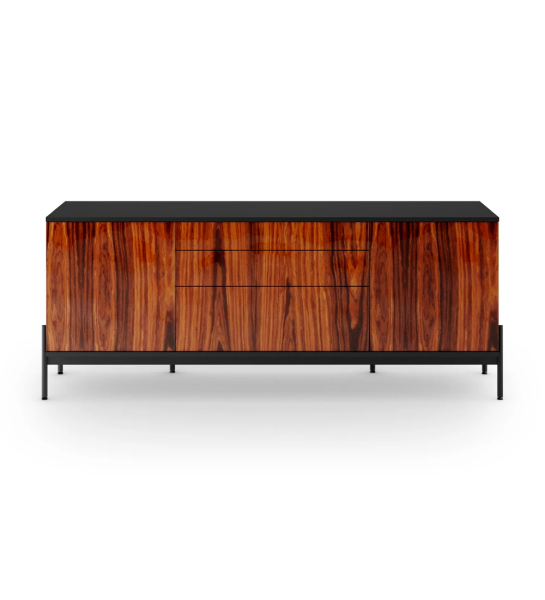 Sideboard with 2 doors, 1 hinged door and two drawers in high gloss palissander, black structure and black lacquered metal feet with levelers.