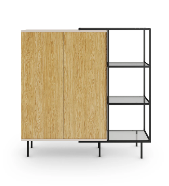 Vajillero con 2 puertas en roble natural, estructura perlada y pies metálicos lacados en negro con niveladores. Extensión lateral con estructura metálica lacada en negro, estantes de cristal.