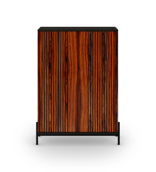  Vaisselier à 2 portes avec bordures en palissandre brillant, structure noire et pieds en métal laqué noir avec niveleurs.