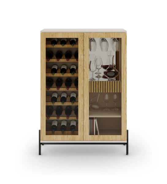 Vinoteca en roble natural, con iluminación, estructura perlada y pies metálicos lacados en negro con niveladores.