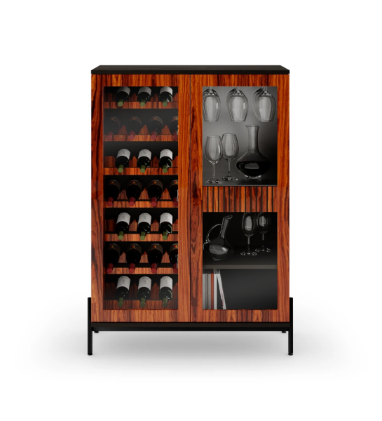 Vinoteca en palisandro alto brillo, con iluminación, estructura negra y pies de metal lacado negro con niveladores.