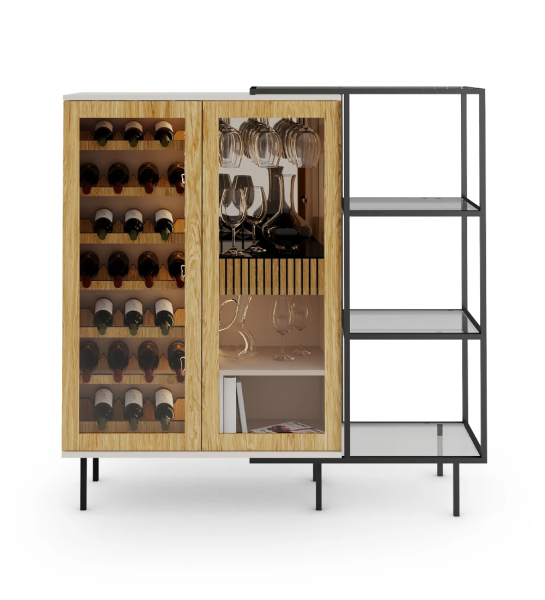 Vinoteca en roble natural, con iluminación, estructura perla y pies de metal lacado negro con niveladores. Extensión lateral con estructura de metal lacado en negro, balda de cristal.  