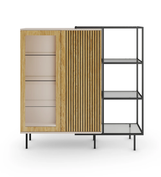 Vitrine com iluminação, 2 portas com frisos em carvalho natural, estrutura em pérola e pés metálicos lacados a negro com niveladores. Extensão lateral com estrutura metálica lacada a negro, prateleira de vidro.