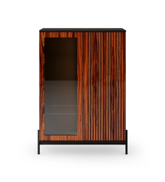 Vitrina con iluminación, 2 puertas con embellecedor de palisandro alto brillo, estructura negra y pies metálicos lacados en negro con niveladores.