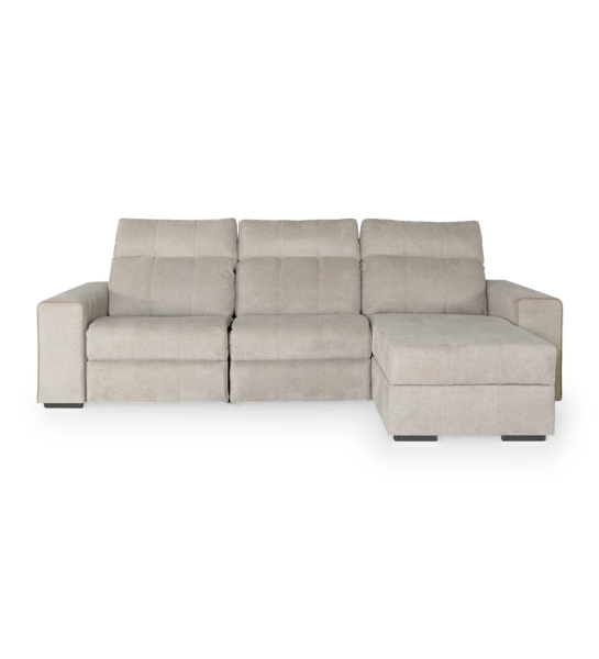 Canapé Nice 2 places et chaise longue droite, recouverts en tissu beige, système relax, rangement sur la chaise longue, 287 cm.