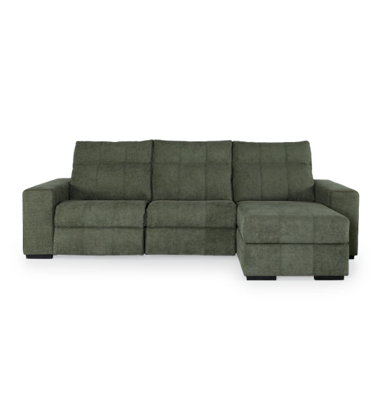 Canapé Nice 2 places et chaise longue droite, recouverts en tissu vert, système relax, rangement sur la chaise longue, 287 cm.