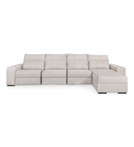 Canapé Nice 3 places et chaise longue droite, recouverts en tissu beige, système relax, rangement sur la chaise longue, 364 cm.