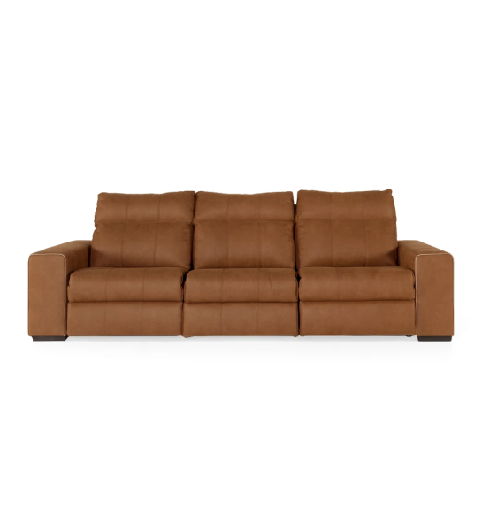 Nice 3-seater sofa upholstered in camel fabric, relax system on the side seats, 285 cm.