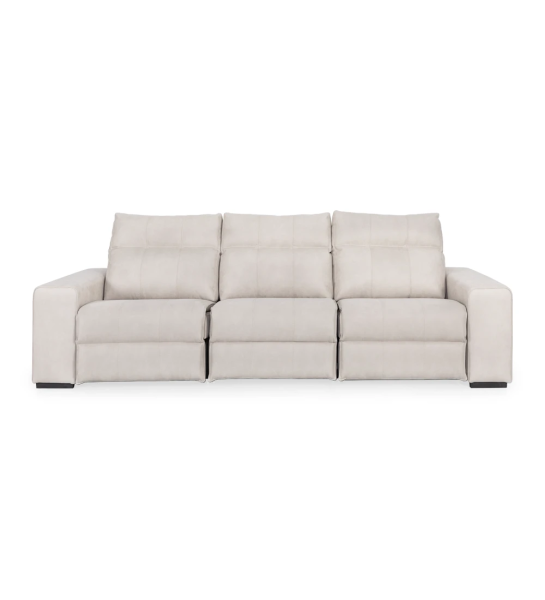Nice 3-seater sofa upholstered in pearl fabric, relax system on the side seats, 285 cm.