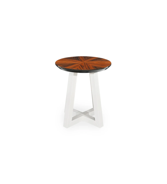 Mesa de apoio Nice redonda, tampo espinhado em palissandro alto brilho, pé lacado a pérola, Ø 45 cm.
