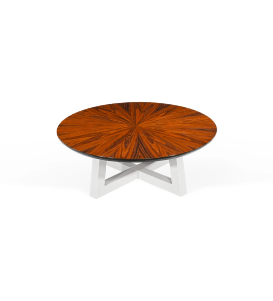 Nice round center table, top in high gloss palissander, pearl lacquered foot, Ø 100 cm.