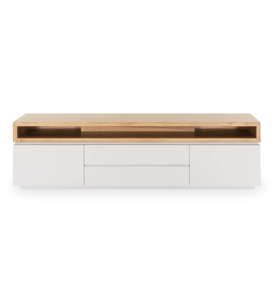 Meuble TV Nice structure laquée perle et module supérieur en chêne naturel, 235 x 67,5 cm.