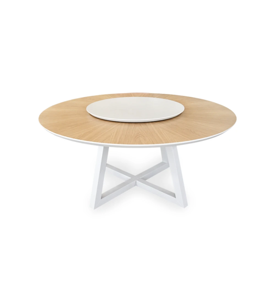 Nice round dining table Ø 150 cm, natural oak bottom top, rotating top and pearl lacquered feet.