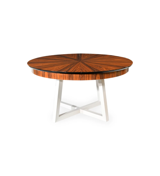 Mesa de comedor extensible redonda con tablero de picos en palisandro alto brillo y pies lacados en perla.