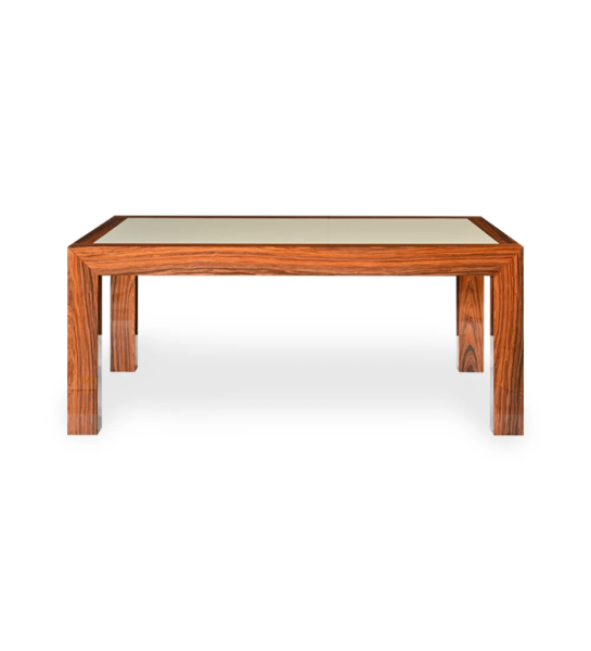 Rectangular extendable dining table with pearl glass top and high gloss palissander frame.
