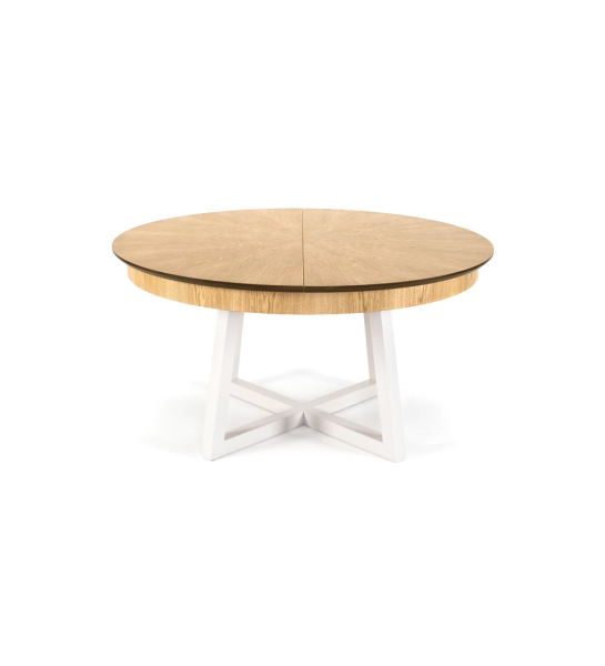 Mesa de comedor redonda extensible con tablero en roble natural y pies lacados perla.