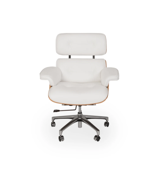 Swivel, upholstered in white leather, walnut back