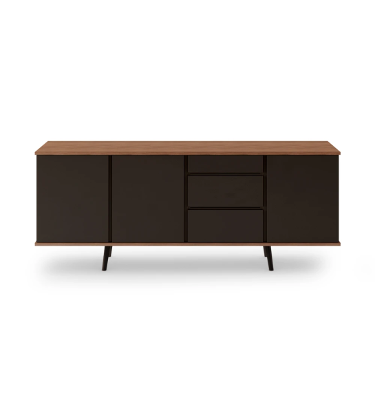 Aparador Oslo 3 portas, 3 gavetas e pés lacados a castanho escuro, estrutura em nogueira, 195 x 78,5 cm.