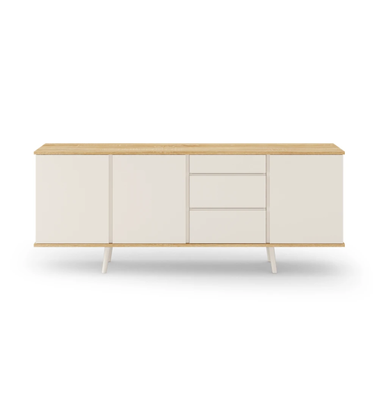 Oslo sideboard with 3 doors, 3 drawers and pearl lacquered feet, natural oak structure, 195 x 78,5 cm.