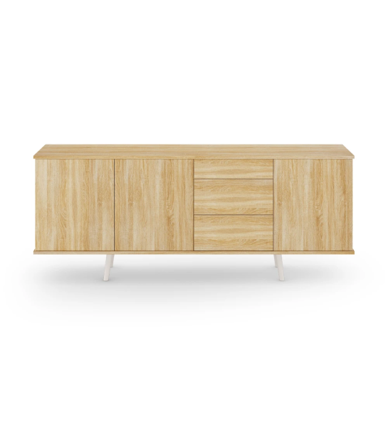 Oslo sideboard with 3 doors, 3 drawers and natural oak structure, pearl lacquered feet, 195 x 78,5 cm.