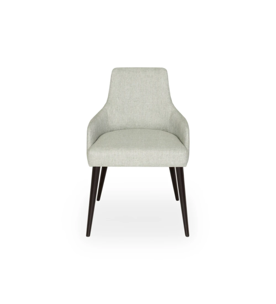 Cadeira Oslo com braços estofada a tecido water green, pés lacados a castanho escuro.