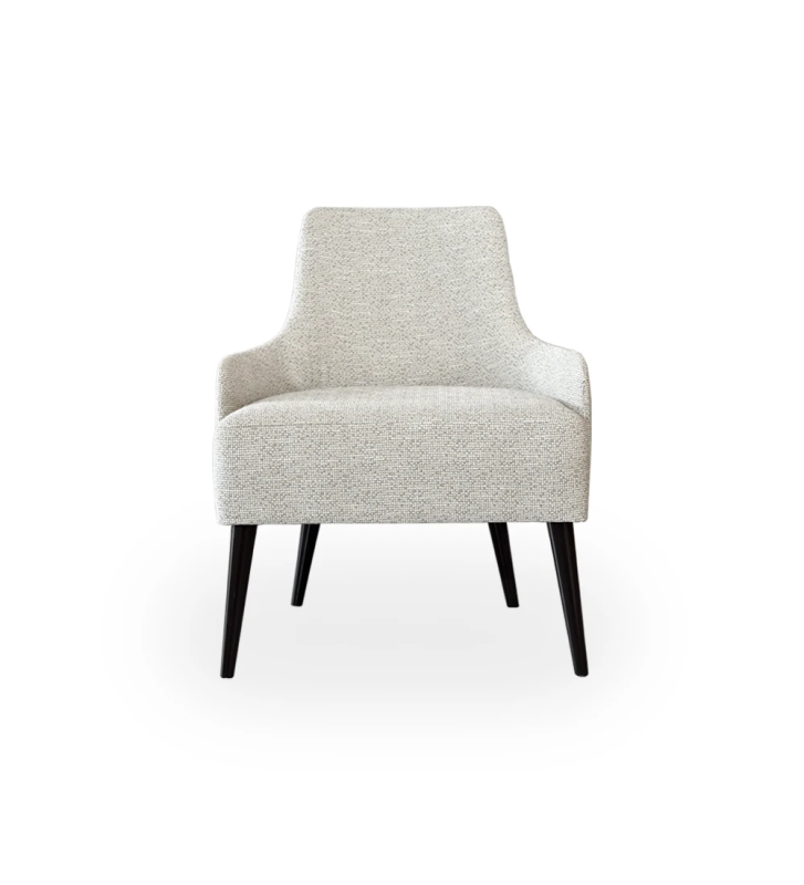 Oslo armchair upholstered in light gray fabric, dark brown lacquered feet.