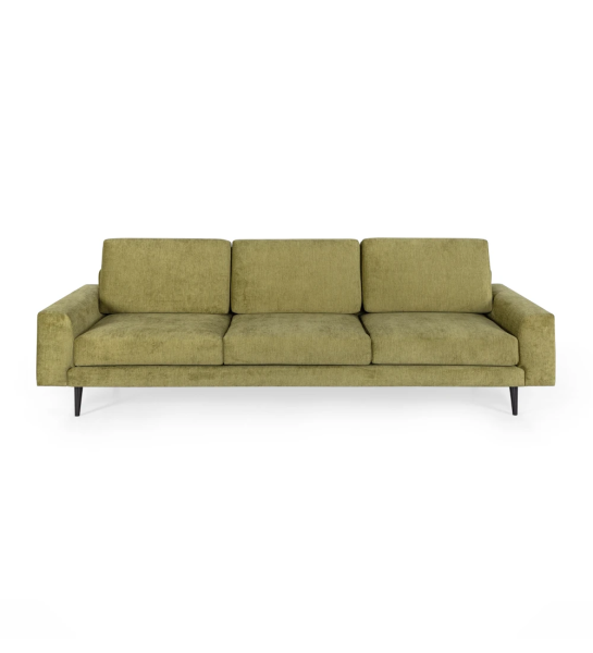 Canapé Oslo 3 places recouvert en tissu vert, pieds laqués marron foncé, 265 cm.