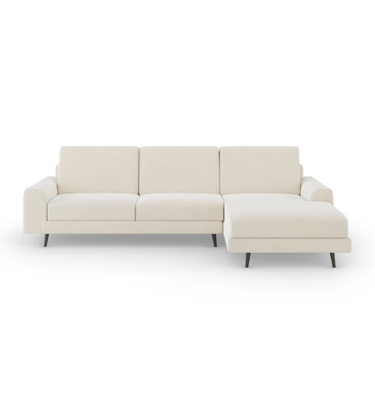 Sofá Oslo 2 lugares e chaise longue direira, estofado a tecido bege, pés lacados a castanho escuro, 262 cm.