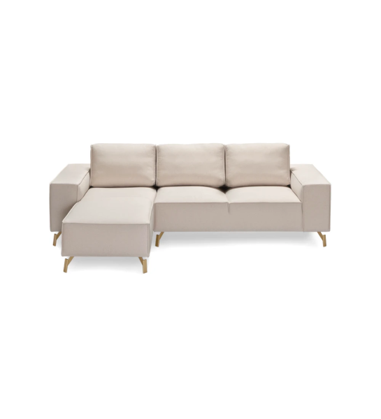 Canapé Tokyo 2 places et chaise longue gauche, recouvert en tissu beige, pieds en métal laqué doré, 265 cm.