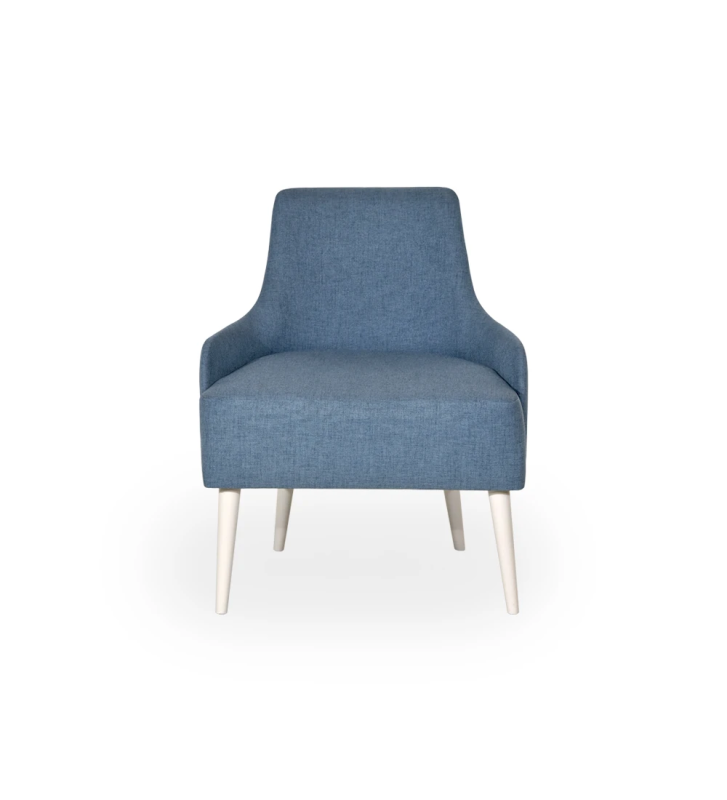 Oslo armchair upholstered in blue fabric, pearl lacquered feet.