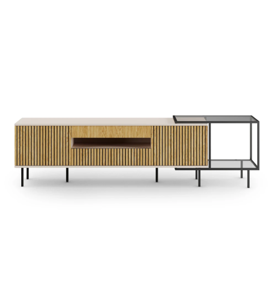 Mueble TV Cannes 2 puertas y 2 cajones en roble natural, estructura perla y pies en metal lacado negro con niveladores. Ampliación lateral con estructura en metal lacado negro, tapa y balda de cristal, 247 x 67 cm.