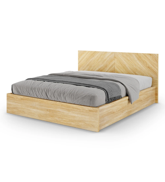 Cama de casal Oslo em carvalho cor natural, arrumação através de estrado elevatório.