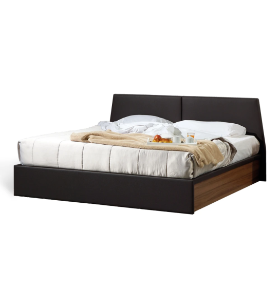 Oslo double bed, headboard and footboard upholstered in brown eco-leather, walnut sides.
