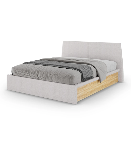 Lit double Oslo, tête et pied de lit rembourré en tissu gris claire, côtés en chêne naturel.