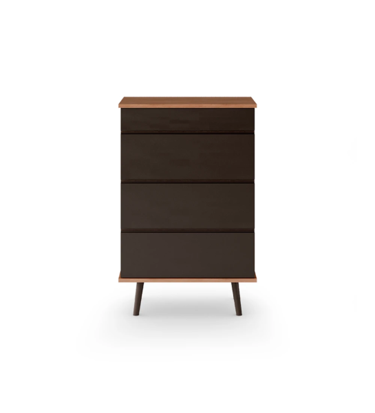 Chiffonnier Oslo avec 4 tiroirs et pieds laqués marron foncé, structure en noyer, 70 x 108,5 cm.