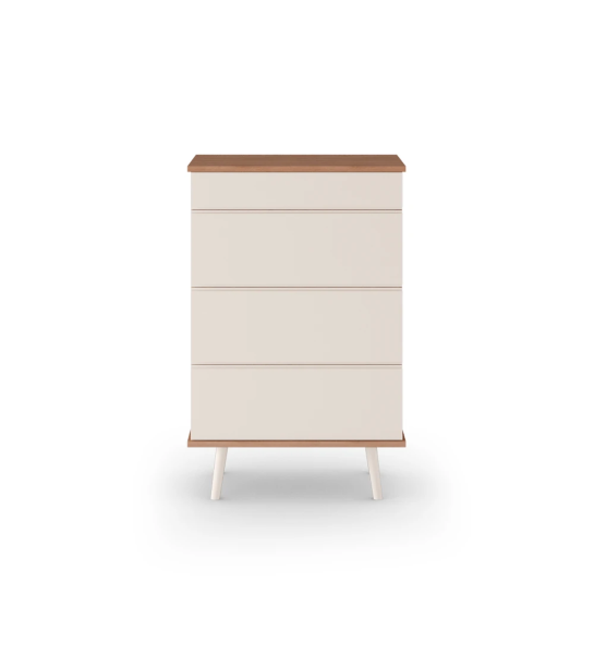 Oslo tall dresser with 4 drawers and pearl lacquered feet, walnut structure, 70 x 108,5 cm.