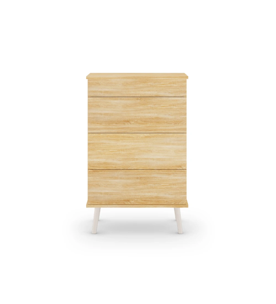 Camiseiro Oslo 4 gavetas e estrutura em carvalho cor natural, pés lacados a pérola, 70 x 108,5 cm.