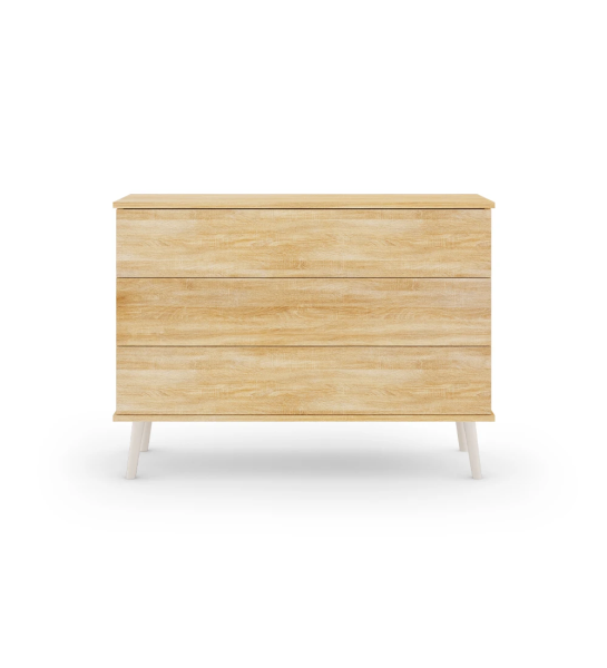 Oslo dresser with 3 drawers and structure in natural oak, pearl lacquered feet, 120 x 87,6 cm.