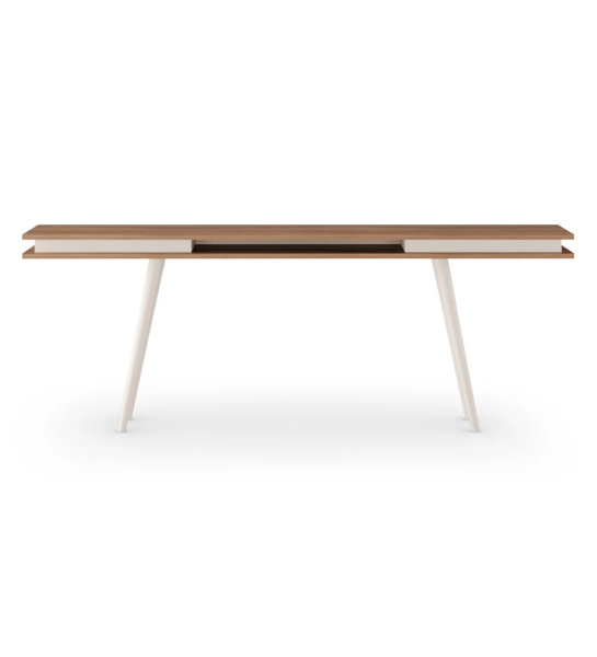 Oslo console in walnut, pearl lacquered feet, 200 x 83 cm.