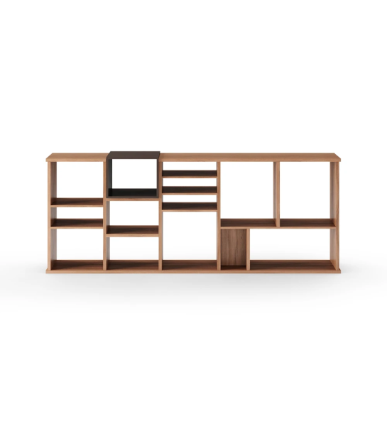Oslo horizontal bookcase in walnut, dark brown lacquered module, 180 x 70 cm.