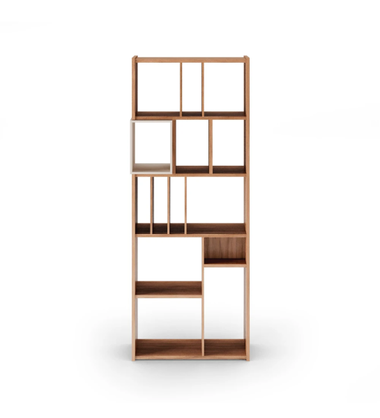 Bibliothèque verticale Oslo en noyer avec module laqué perle, 70 x 180 cm.