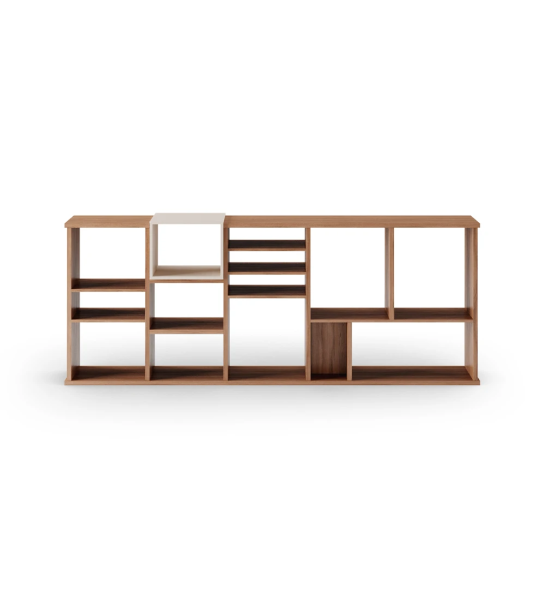 Oslo horizontal bookcase in walnut, pearl lacquered module, 180 x 70 cm.