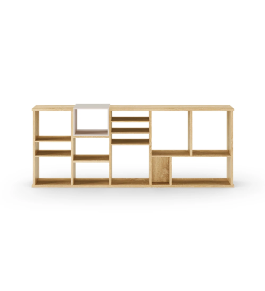 Bibliothèque horizontale Oslo en chêne naturel avec module laqué perle, 180 x 70 cm.
