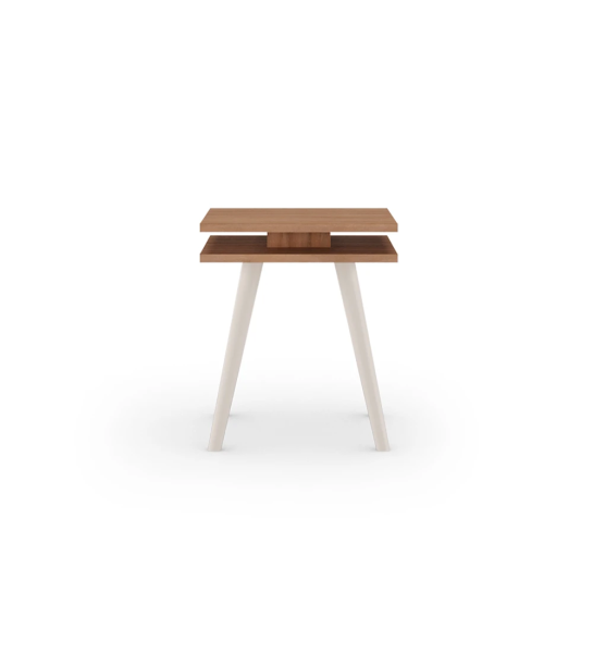 Mesa de apoio Oslo quadrada, 2 tampos em nogueira, pés lacados a pérola, 45 x 45 cm.