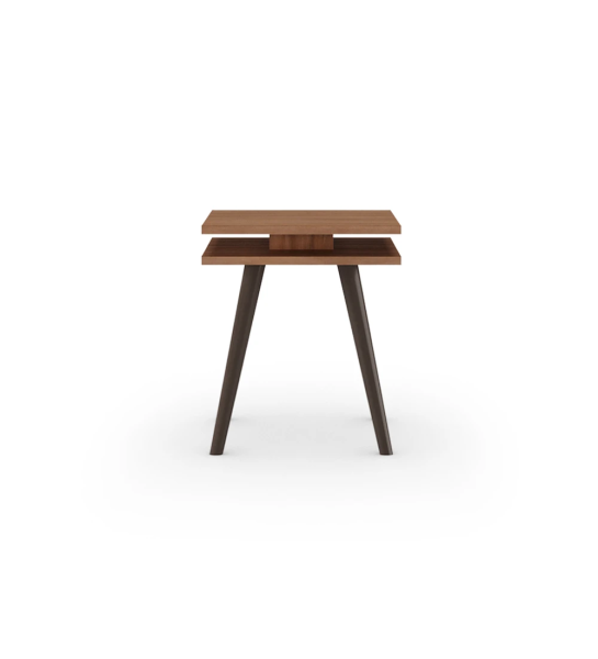 Mesa de apoio Oslo quadrada, 2 tampos em nogueira, pés lacados a castanho escuro, 45 x 45 cm.