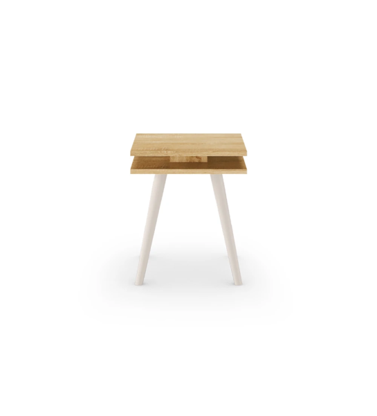 Mesa de apoio Oslo quadrada, 2 tampos em carvalho cor natural, pés lacados a pérola, 45 x 45 cm.
