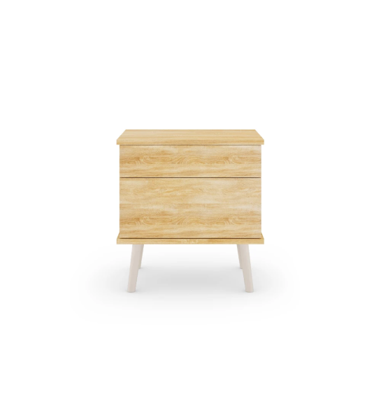 Oslo bedside table with 2 drawers and structure in natural oak, pearl lacquered feet, 55 x 57,5 cm.