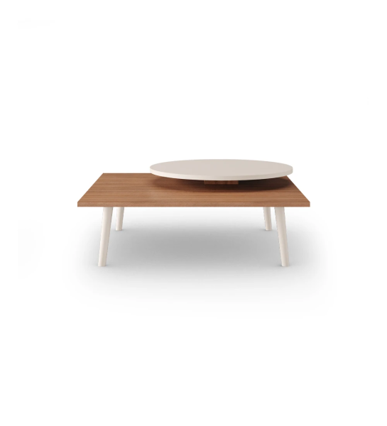 Table basse Oslo carrée, plateau bas en noyer, plateau rond et pieds laqués perle, 90 x 90 cm.